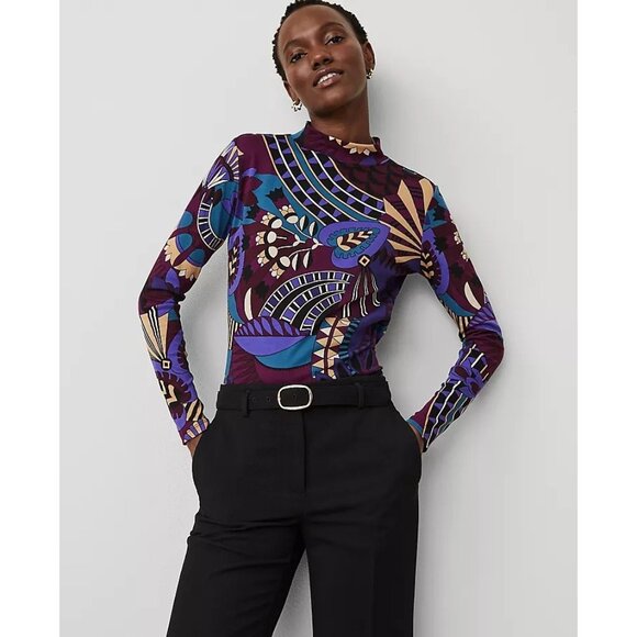 Ann Taylor Womens Large Botanicals Mock Neck Top Stretch Long Sleeve Shirt - Picture 1 of 10